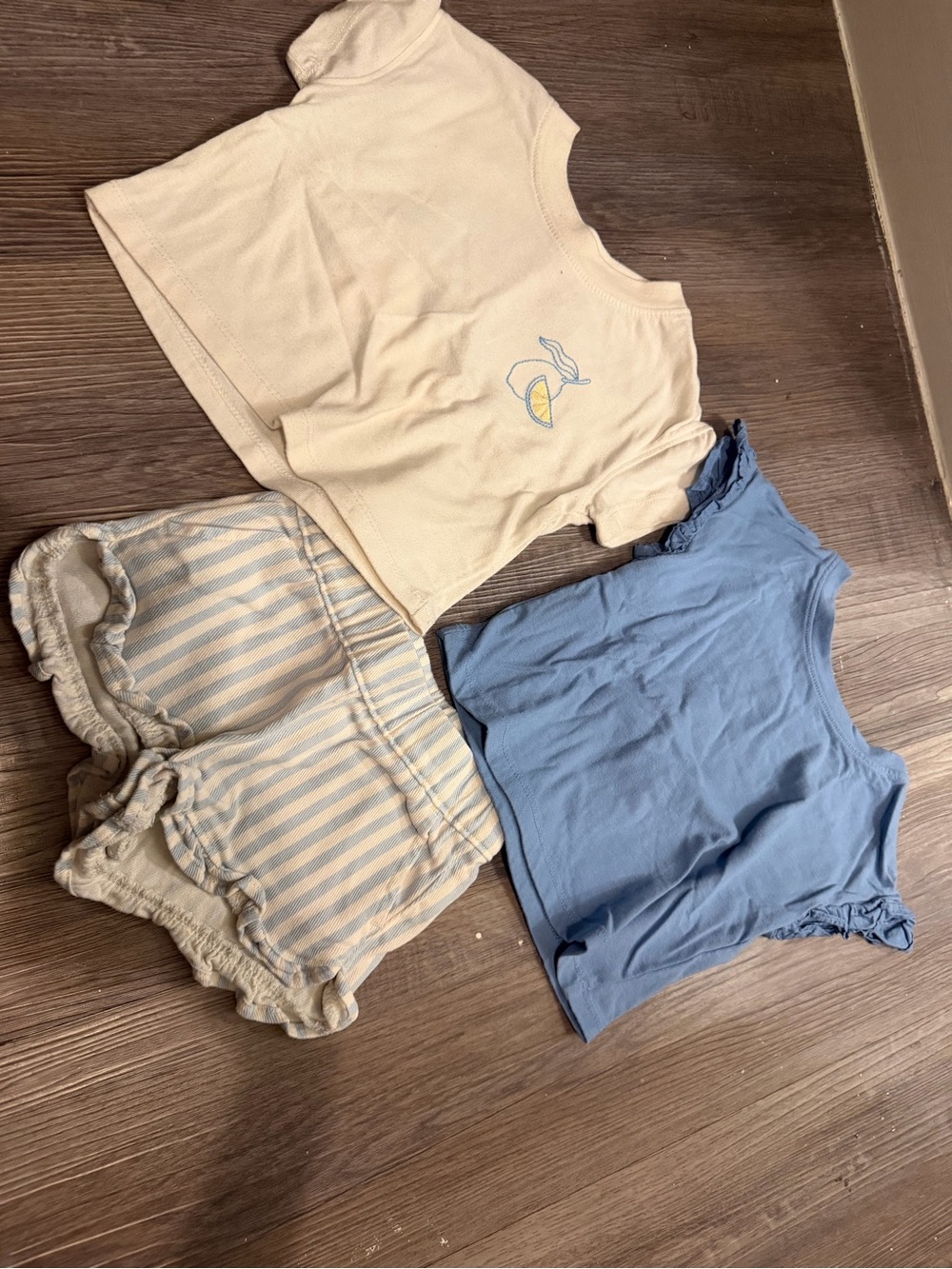 Two-Pack Tops + Striped Shorts - Blue & Cream- 12 month